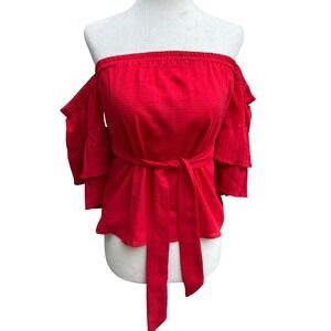 Suboo Romantic Boho Feminine Off Shoulder Ruffle Sleeve Peplum Tiered Top Red XS